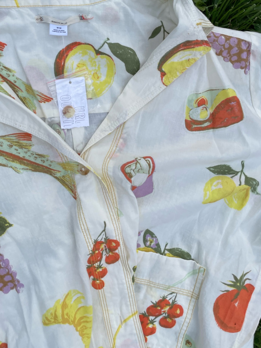 Kimchi Blue White Crop Button-Up Shirt with Colorful Fruit & Veggie Print - Picture 6 of 9